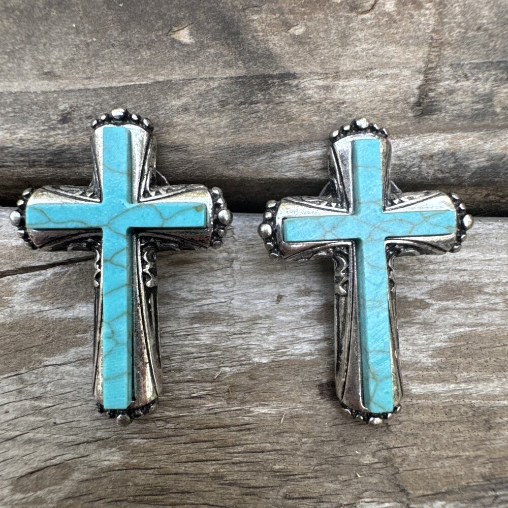 Turquoise Tone Howite or Plastic Cross Earrings Western Boho Silver Tone Post
